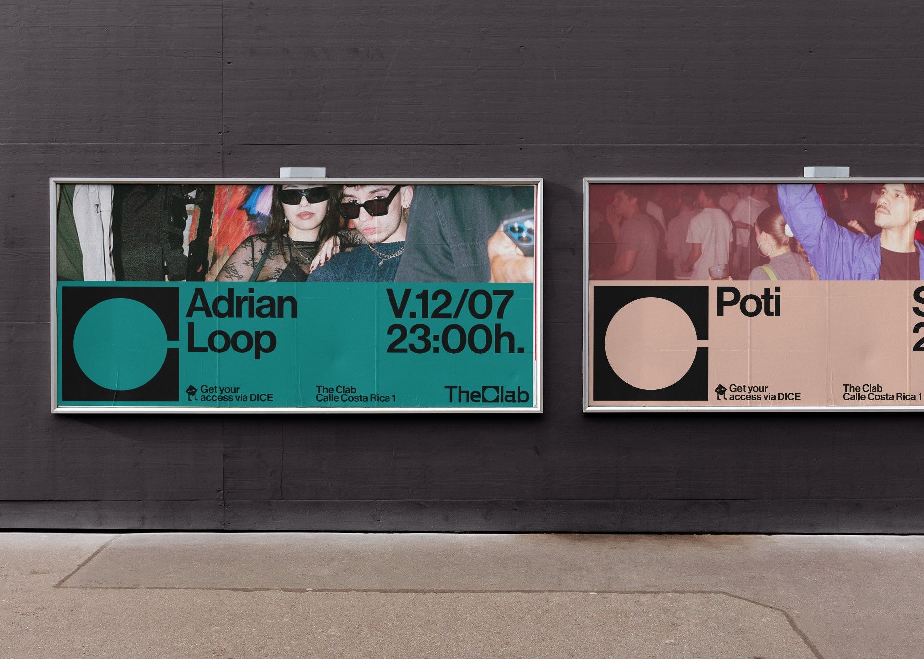 Two event posters on a wall with 'Adrian Loop' and 'Poti' displayed.
